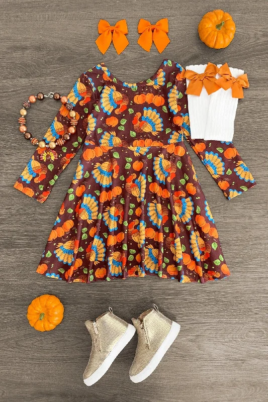 Brown Pumpkin & Turkey Long Sleeve Dress