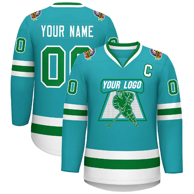 Custom Aqua Kelly Green-White Classic Style Hockey Jersey