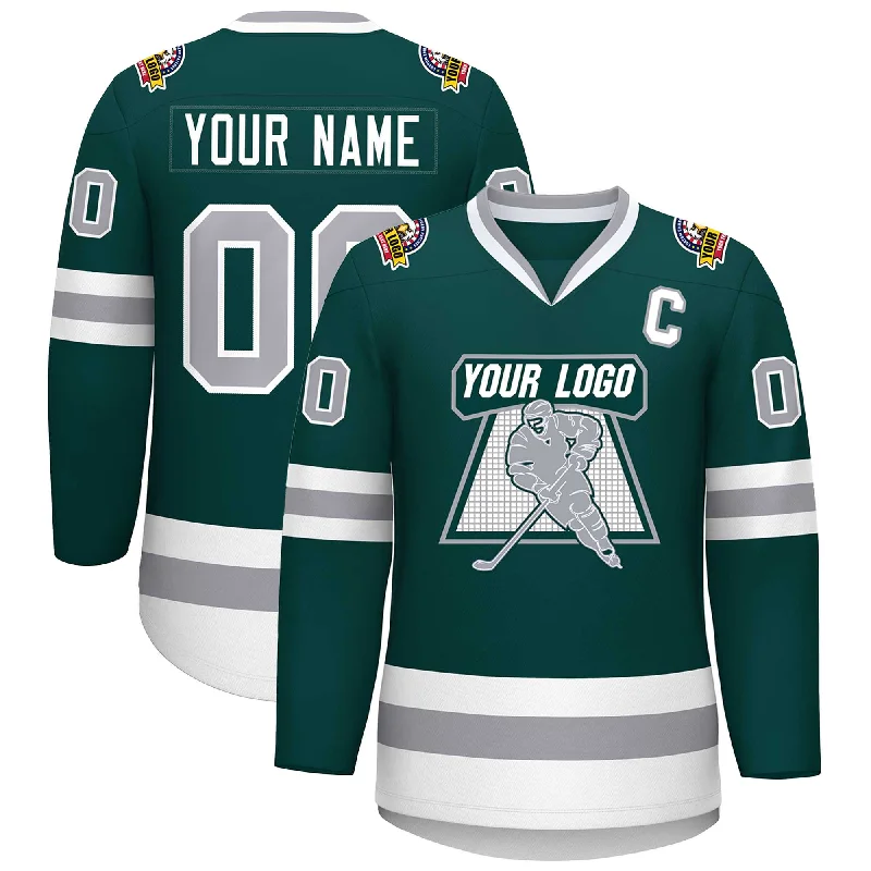 Custom Midnight Green Gray-White Classic Style Hockey Jersey