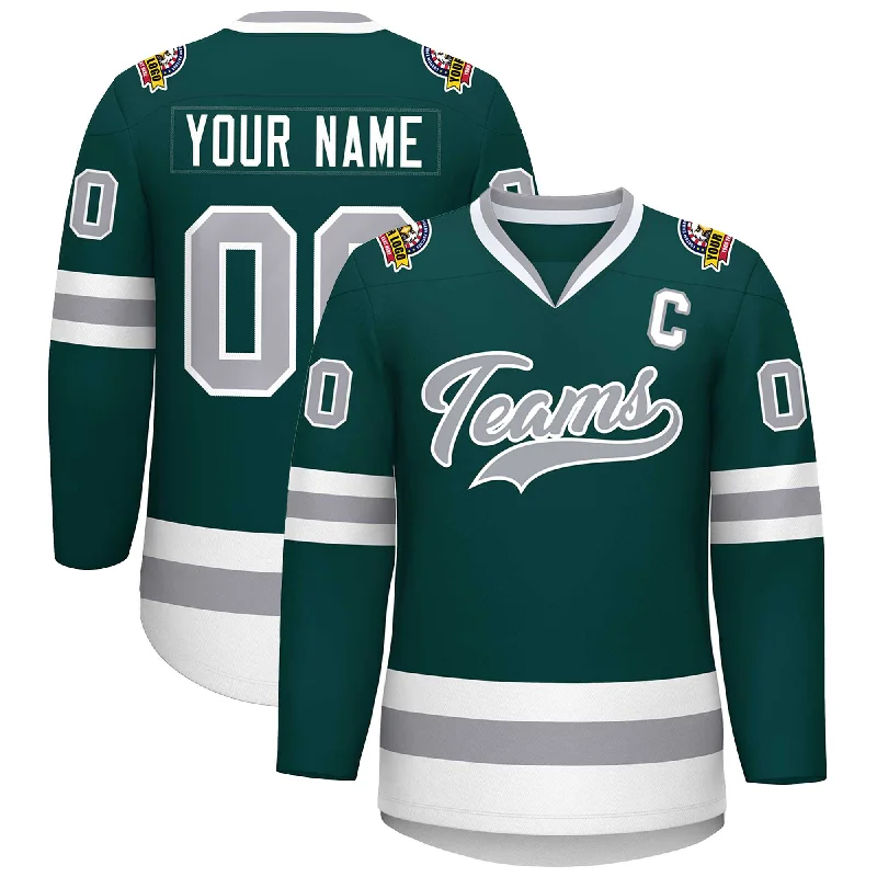 Custom Midnight Green Gray-White Classic Style Hockey Jersey