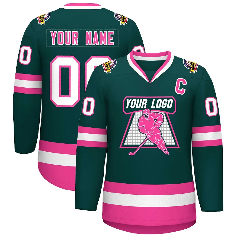 Custom Midnight Green Pink-White Classic Style Hockey Jersey