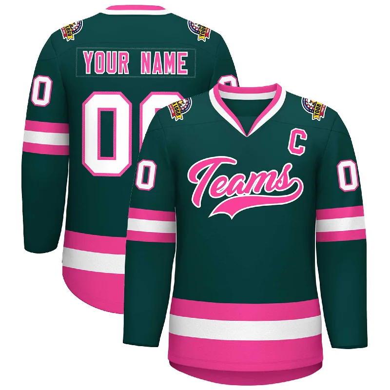 Custom Midnight Green Pink-White Classic Style Hockey Jersey