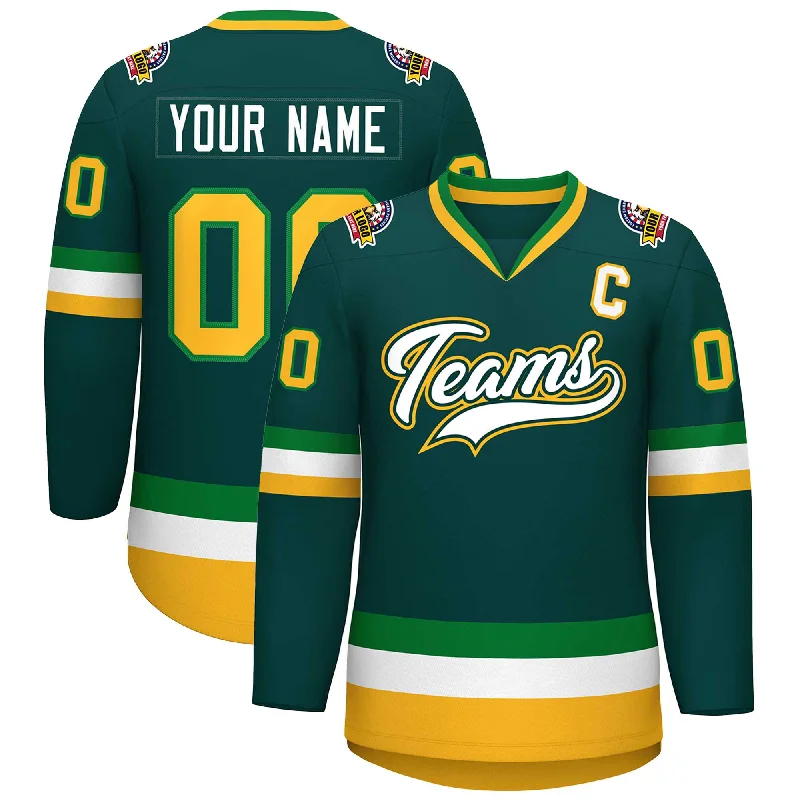 Custom Midnight Green White Kelly Green-Gold Classic Style Hockey Jersey