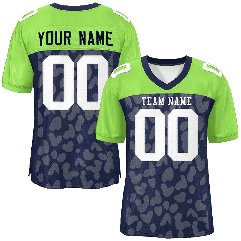 Custom Navy Neon Green Raglan Sleeves Personalized Camo Authentic Football Jersey