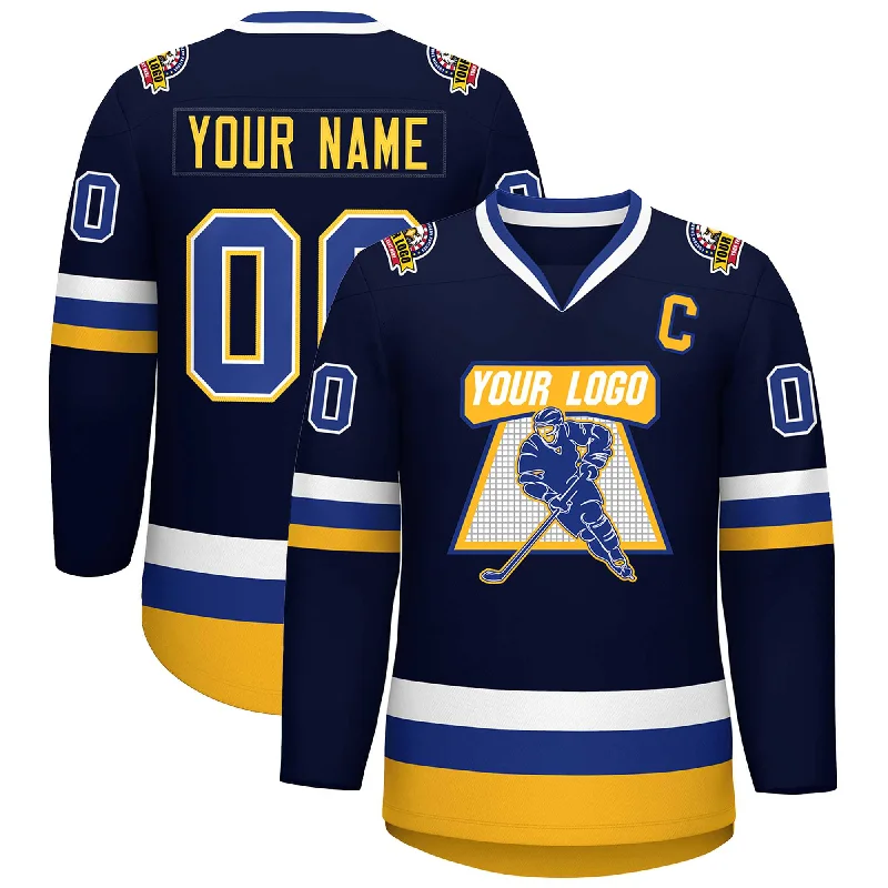 Custom Navy Royal White-Gold Classic Style Hockey Jersey