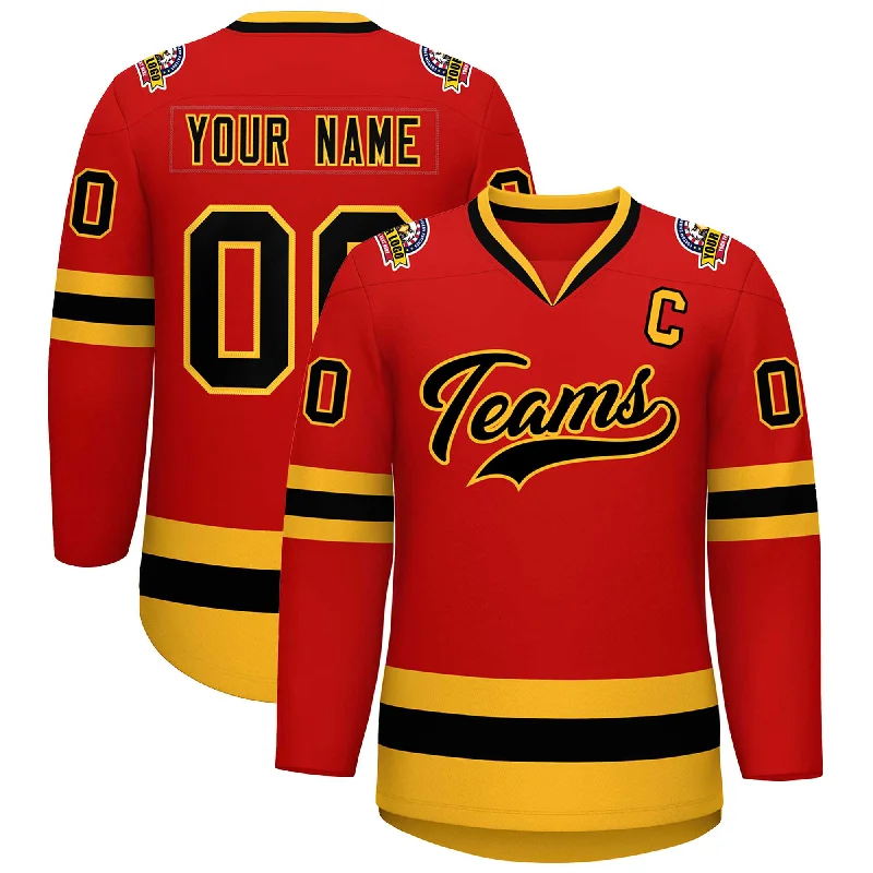 Custom Red Black-Gold Classic Style Hockey Jersey