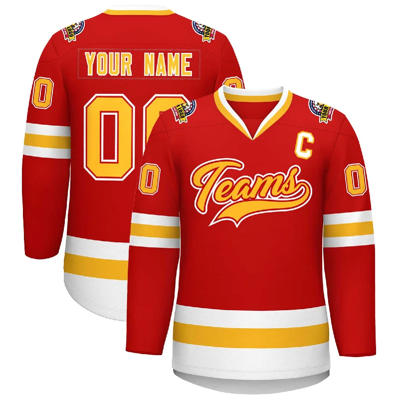 Custom Red Gold Red-White Classic Style Hockey Jersey