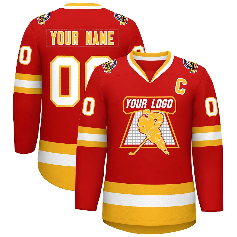 Custom Red Gold-White Classic Style Hockey Jersey