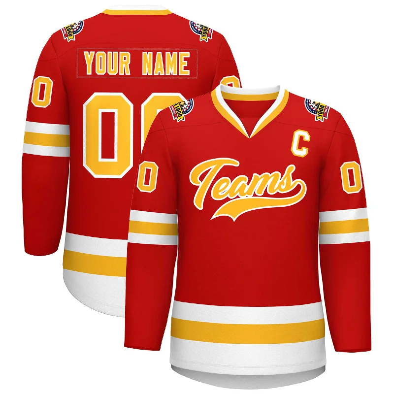 Custom Red Gold-White Classic Style Hockey Jersey