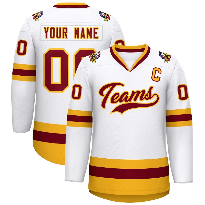 Custom White Crimson-Gold Classic Style Hockey Jersey