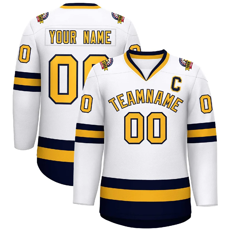 Custom White Gold-Navy Classic Style Hockey Jersey