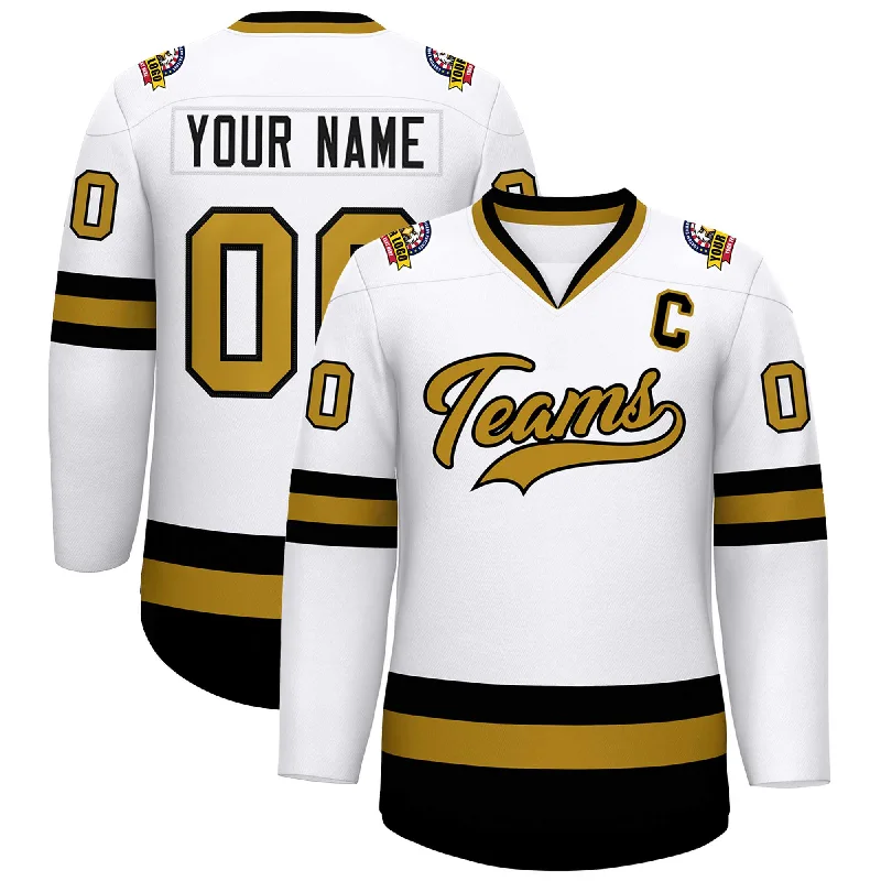 Custom White Old Gold-Black Classic Style Hockey Jersey