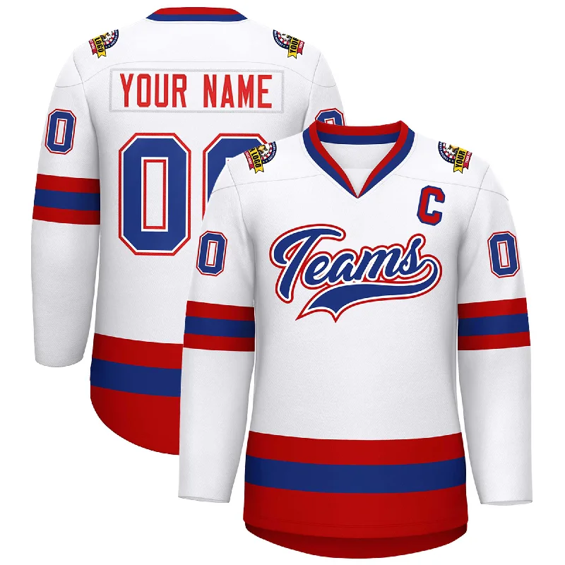 Custom White Royal White-Red Classic Style Hockey Jersey